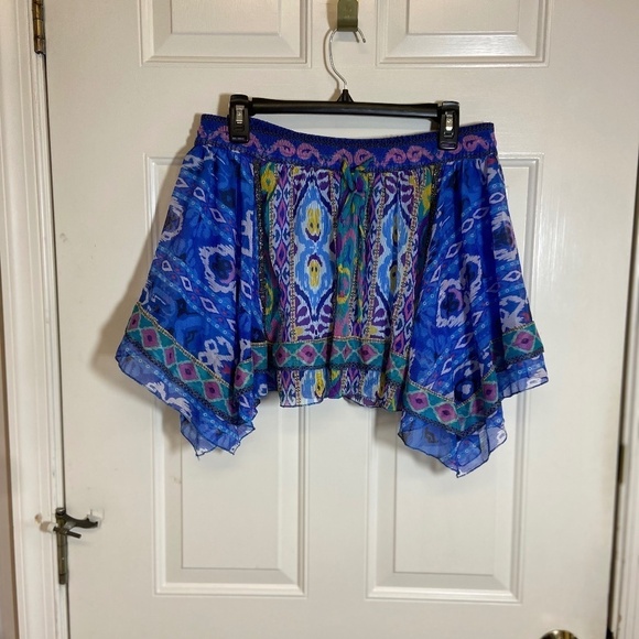 Zara Women's Asymmetric LARGE Skirt Blue Mini Aztec Tribal Layered Pull on Boho‎ - Picture 1 of 5